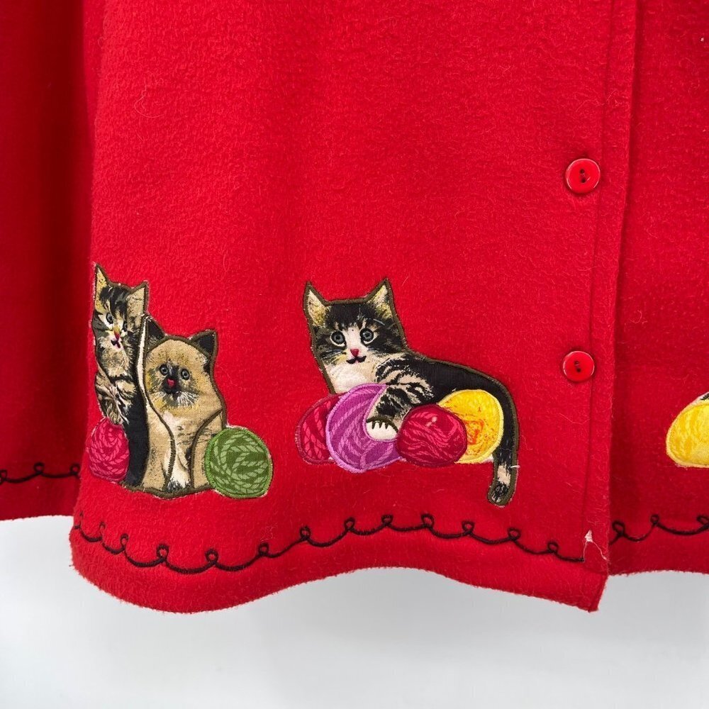 Take Two Women's Fleece‎ Button Up Kitten Jacket Size L Embroidered Red Grandma - Picture 6 of 11